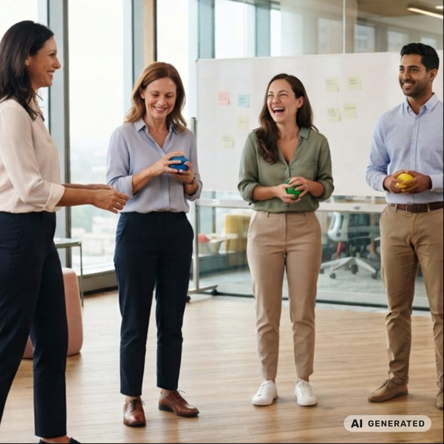 Life Kinetik® für Unternehmen – Bewegung, Wahrnehmung und geistige Flexibilität im Arbeitsalltag Mitarbeitende bei einer Life Kinetik® Übung im beruflichen Umfeld mit Bewegung und Konzentration