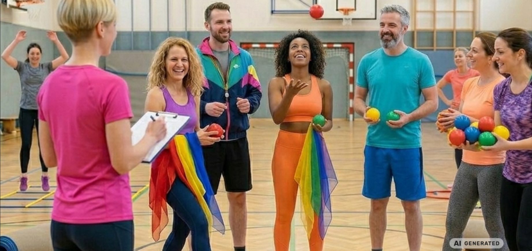 Life Kinetik® Kurs für Erwachsene – Bewegung, Wahrnehmung und Gehirntraining Erwachsene beim Life Kinetik® Training in einer Turnhalle mit Tüchern und Bällen