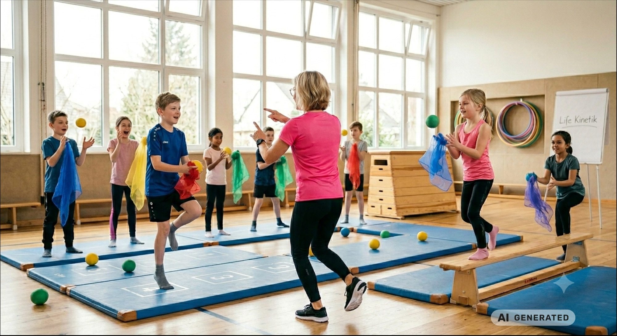 Trainerin mit Kindern bei einer Life Kinetik® Übung in einer Sporthalle