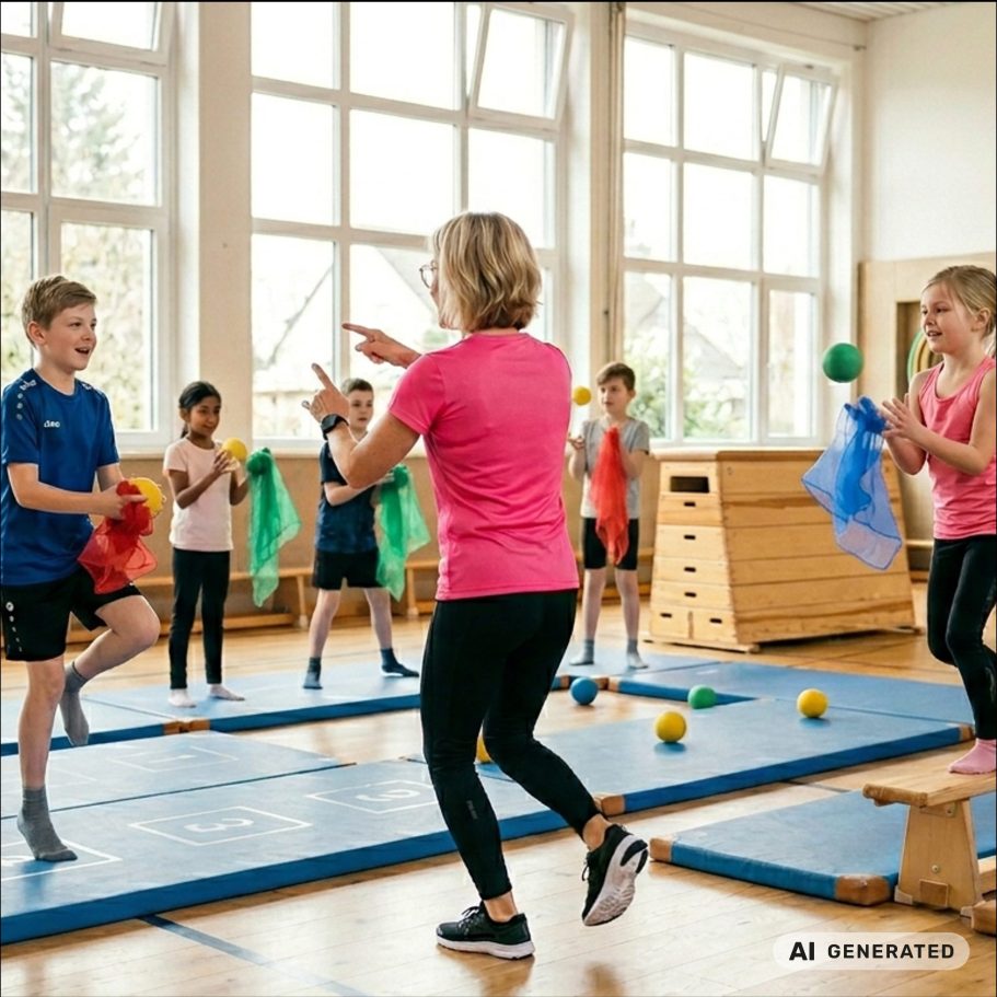 Life Kinetik® für Kinder und Schulen – spielerisches Training mit Bewegung und Wahrnehmung Trainerin mit Kindern bei einer Life Kinetik® Übung in einer Sporthalle