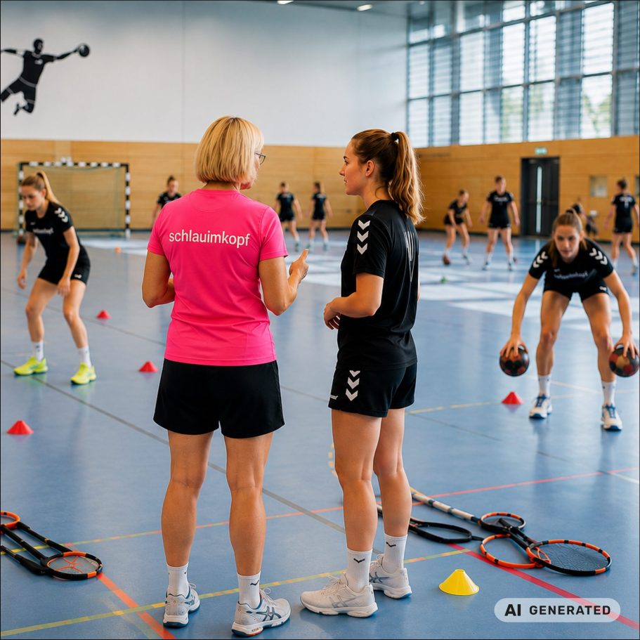 Life Kinetik® für Sportler und Teams – Wahrnehmung, Koordination und Reaktionsfähigkeit trainieren Handballmannschaft mit Trainerin bei einem Life Kinetik® Training in einer Sporthalle
