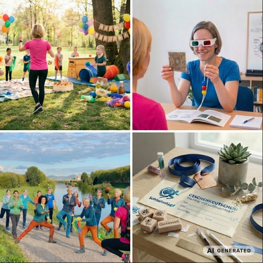 Besondere Life Kinetik® Formate – individuelle Angebote für verschiedene Anlässe Collage mit verschiedenen Life Kinetik® Angeboten wie Kindergeburtstag, Augentraining, Brainwalking und Gutschein