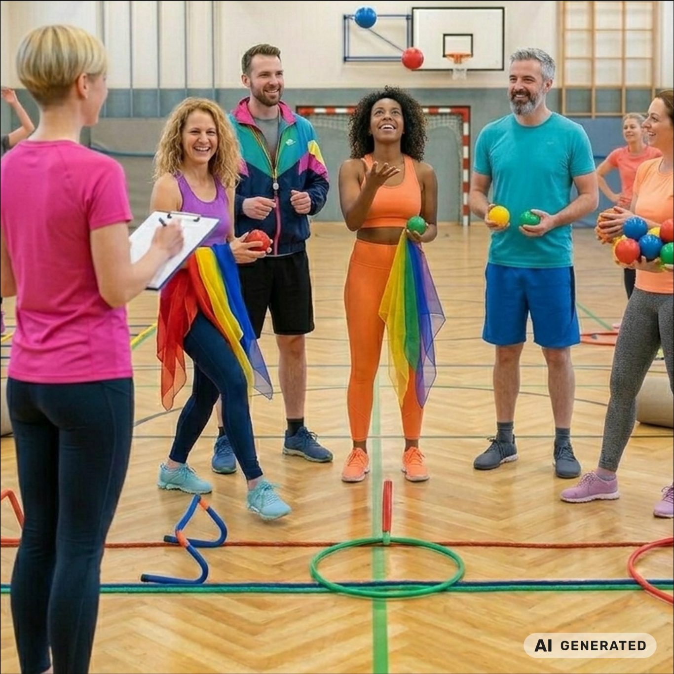 Life Kinetik® Fun Kurs für Erwachsene – Bewegung, Wahrnehmung und Denken verbinden Erwachsene bei einem Life Kinetik® Kurs mit Übungen mit Tüchern und Bällen in einer Sporthalle