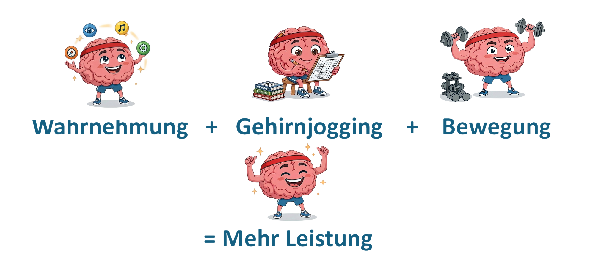 Life Kinetik® Formel – Wahrnehmung, Denken und Bewegung verbinden Darstellung der Life Kinetik® Formel mit drei Gehirnen für Wahrnehmung, Gehirnjogging und Bewegung